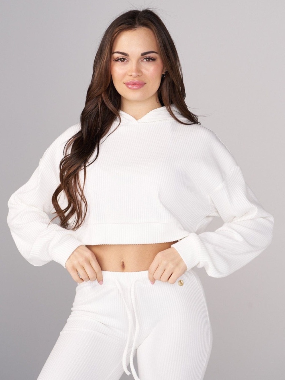 Youngla AVA Cropped Ribbed Hoodie - White small